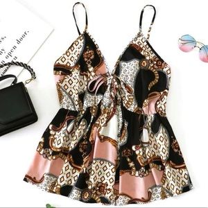 Geo Chain Print Knot Front Tank Top